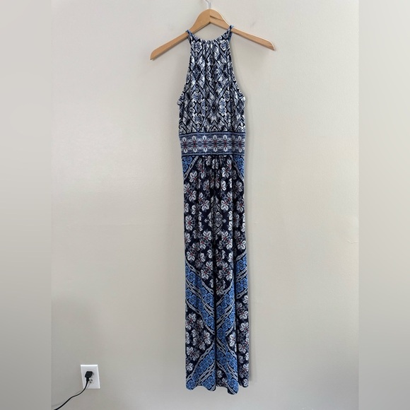 London Style Blue White Sleeveless Grecian Maxi Formal Party Dress - Picture 9 of 9